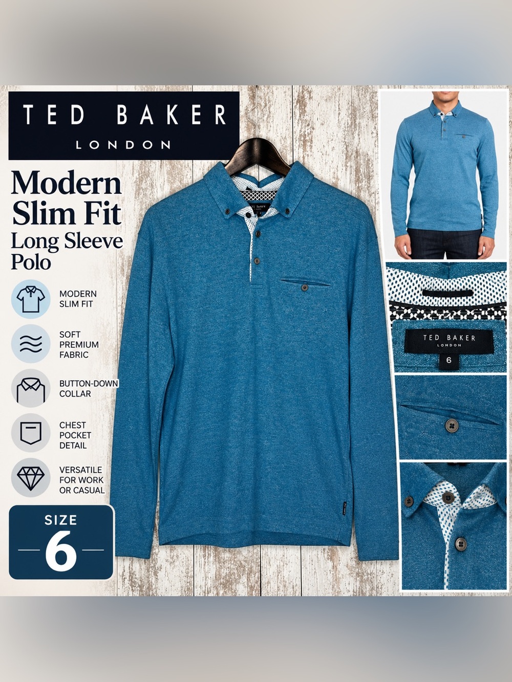 Ted Baker London Modern Slim Fit Long Sleeve Polo Men’s Size 6 Blue
